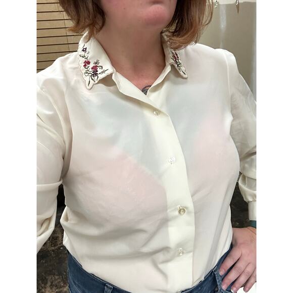 Vintage 80s Cream Paisley Embroidered Plus Sized Blouse XL - Picture 6 of 7